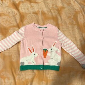 Baby Boden Pink Bunny Sweater with Green Trim